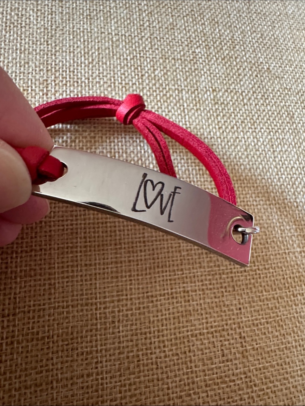 Plunder LOVE Engraved Silver Plate Bracelet with Red Cord